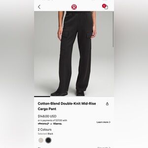 Lululemon cotton blend double knit mid rise cargo pants black size 0